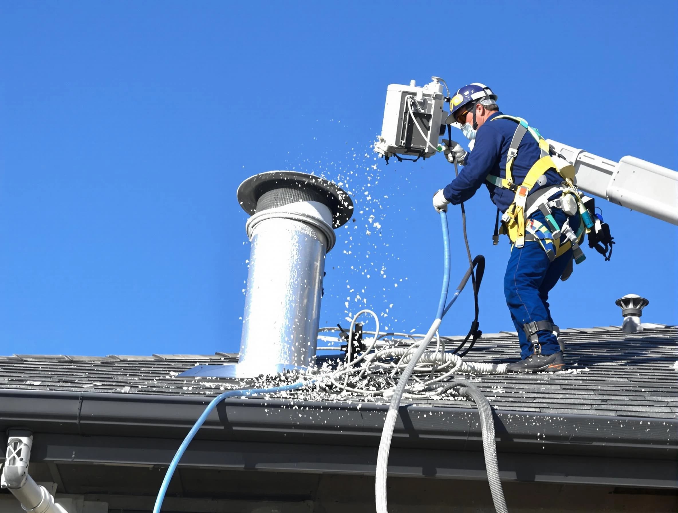 Brighton Dryer Vent Cleaning certified technician safely cleaning a roof-mounted dryer vent in Brighton
