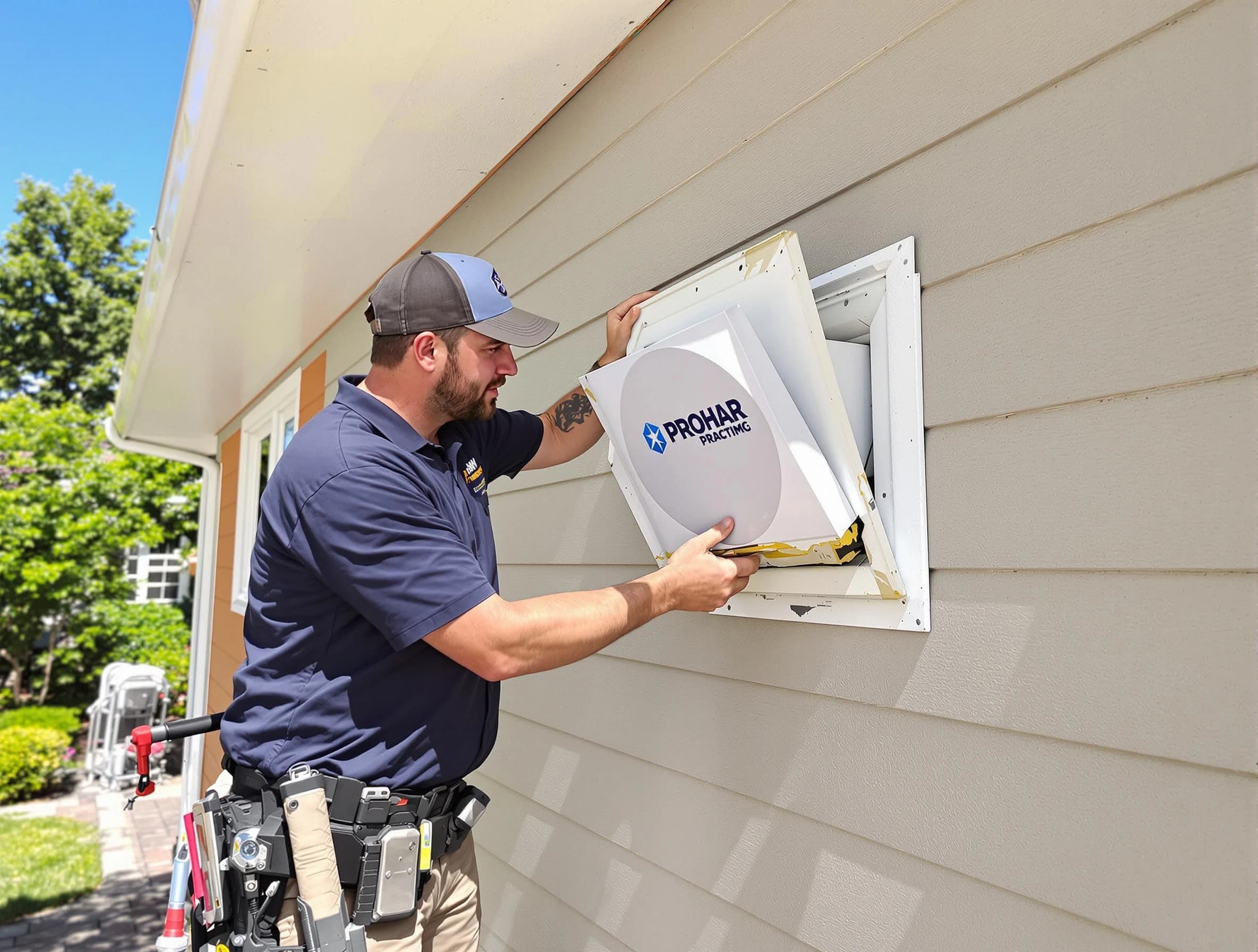 Brighton Dryer Vent Cleaning technician installing a new protective dryer vent cover on a home in Brighton
